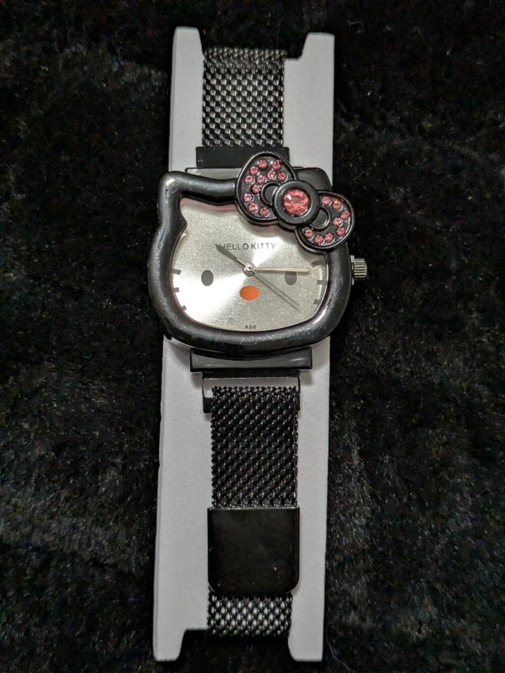 Hello Kitty Black Mesh Watch with Pink Crystal Bow Accent